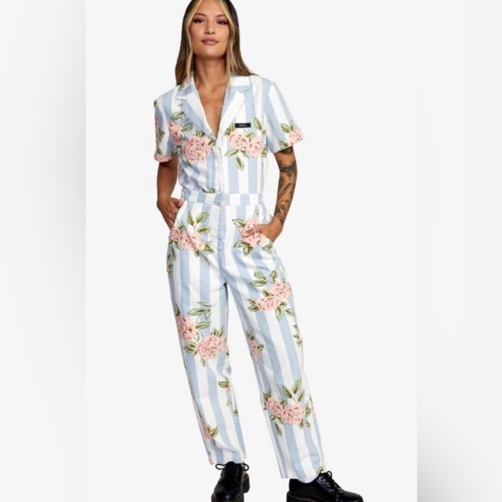 RVCA Nightshift Denim Floral Stripe Cotton Jumpsuit - XS